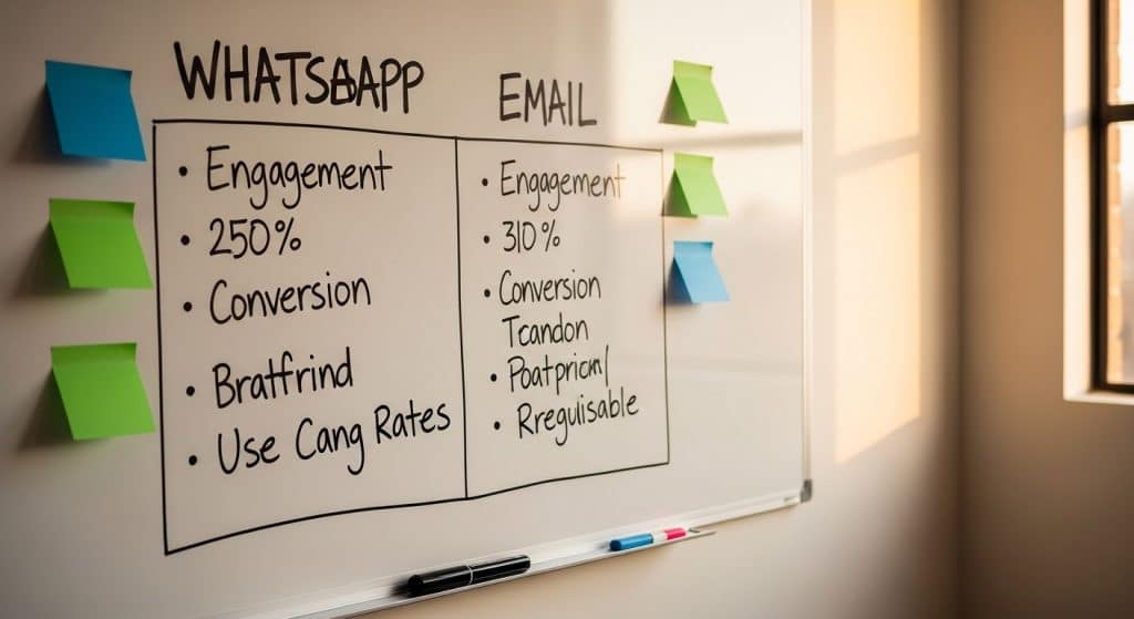 WhatsApp vs email marketing comparison framework drawn on a whiteboard with two columns showing engagement metrics and revenue benchmarks