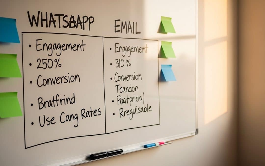 WhatsApp vs email marketing comparison framework drawn on a whiteboard with two columns showing engagement metrics and revenue benchmarks