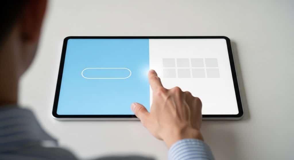 Wix vs WordPress South Africa — a person's hand pointing at a split-screen tablet showing two website builder interfaces side by side