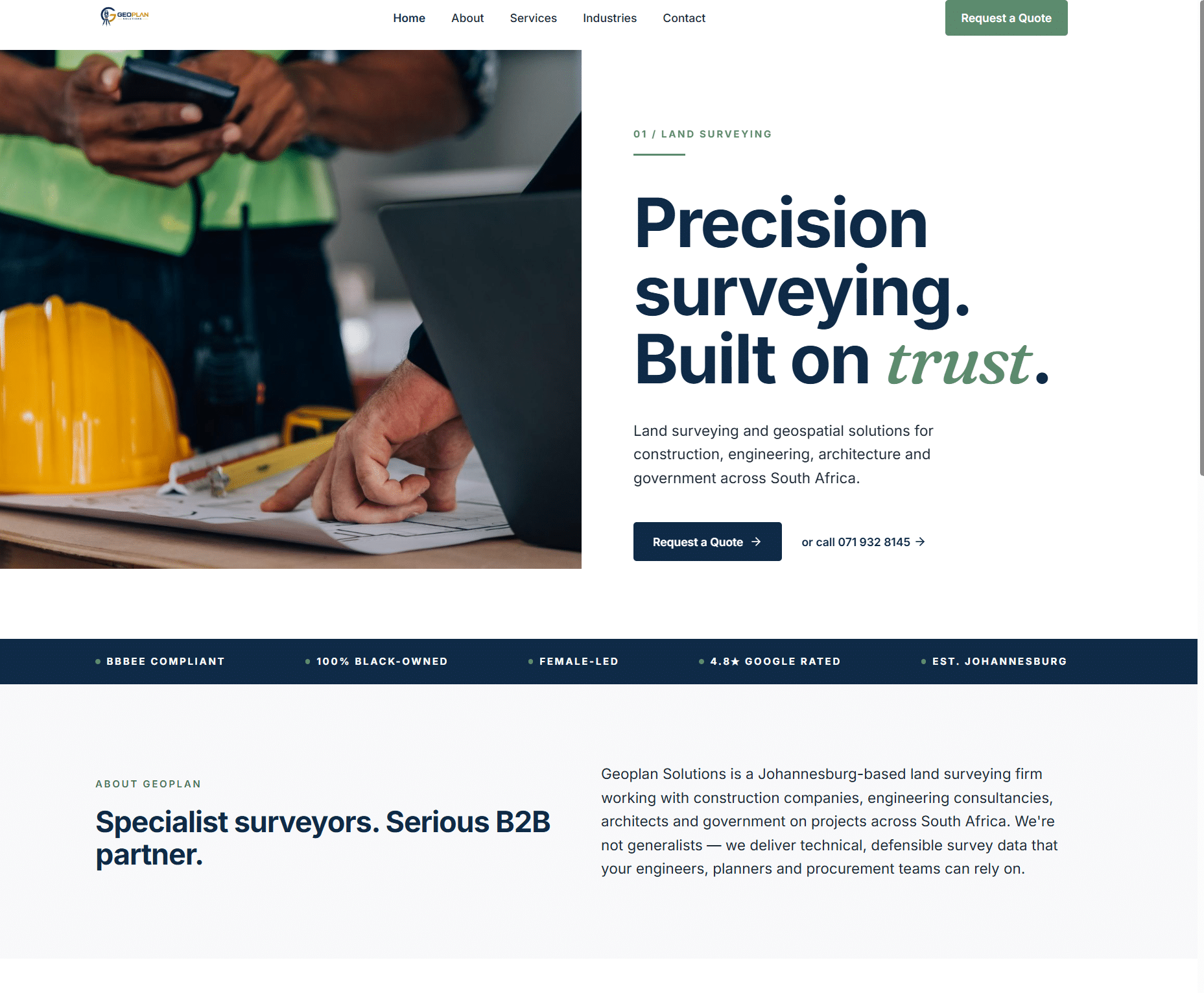 Geoplan Solutions website homepage — land surveying Johannesburg