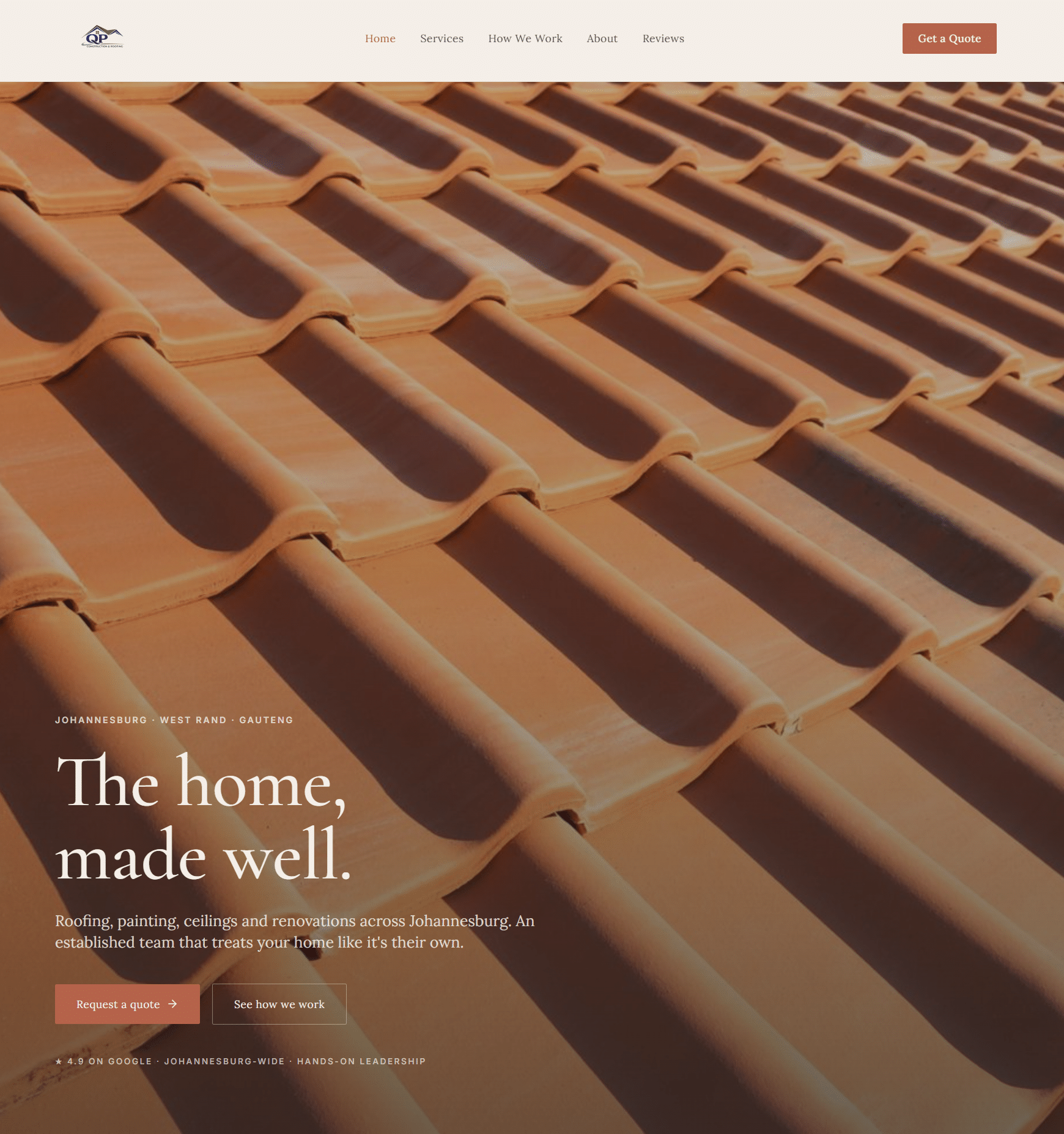 QP Construction website homepage — roofing and renovations Johannesburg