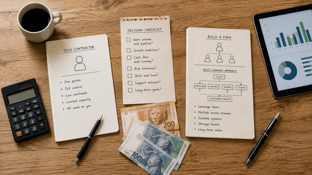 Agency vs freelancer South Africa — flat-lay desk comparison of two marketing hire paths with decision checklist and Rand cost notes