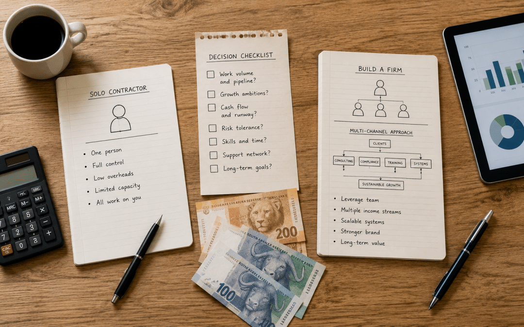 Agency vs freelancer South Africa — flat-lay desk comparison of two marketing hire paths with decision checklist and Rand cost notes