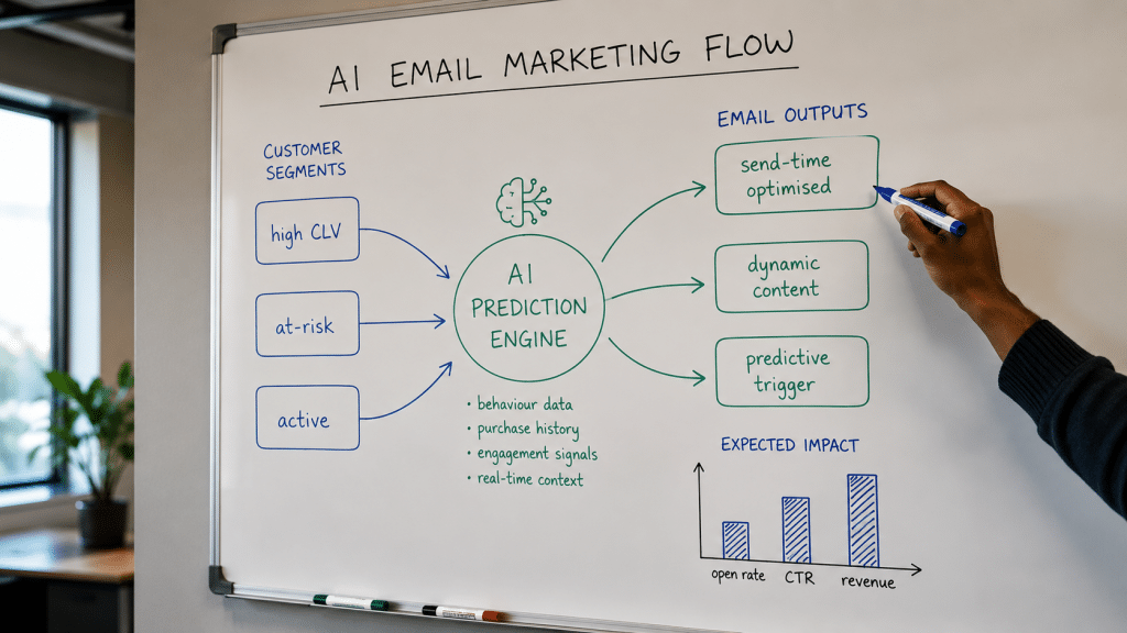 AI email marketing South Africa — whiteboard showing predictive personalisation flow, customer segments, AI-driven send-time optimisation diagram