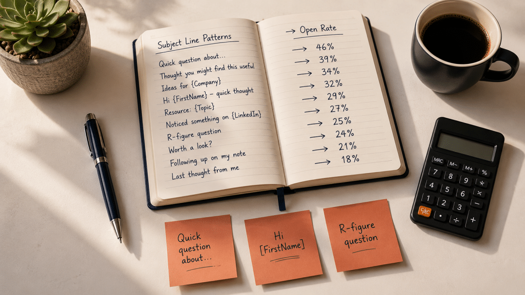 B2B cold email subject lines South Africa — flat-lay desk with notebook listing tested subject line patterns and Apollo workflow notes