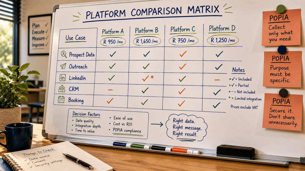 B2B lead generation tools South Africa — whiteboard with named SaaS platforms compared by pricing, data sources and SA fit