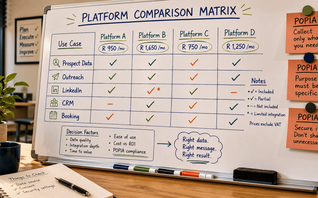 B2B lead generation tools South Africa — whiteboard with named SaaS platforms compared by pricing, data sources and SA fit