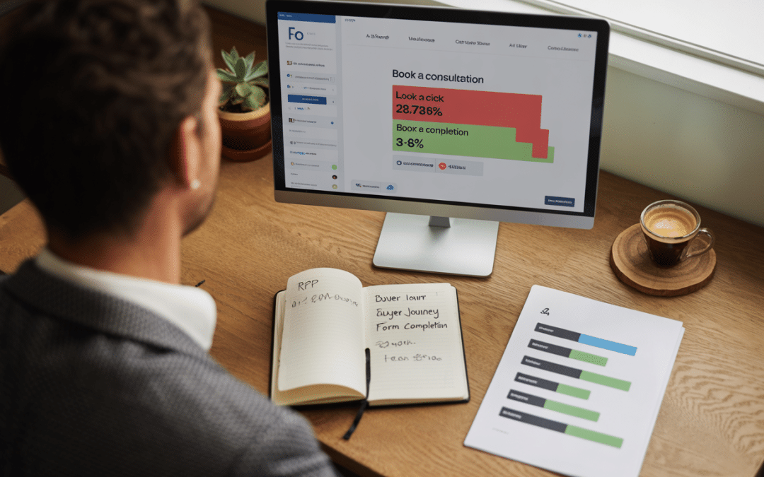 CRO for professional services — over-the-shoulder view of partner reviewing law firm website analytics with consultation form heatmap and client journey diagram