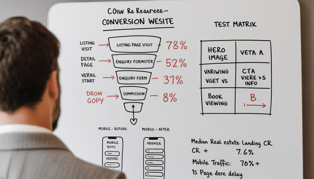 CRO for real estate South Africa — whiteboard view of conversion funnel for property listing page with annotated drop-off points and split-test variants written in marker