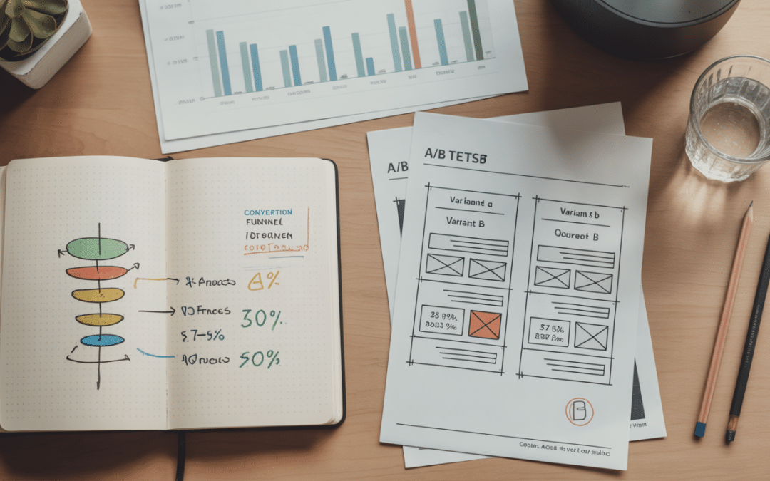 CRO for solar — flat-lay desk with conversion funnel notebook, A/B test wireframes, and energy consumption data sheet