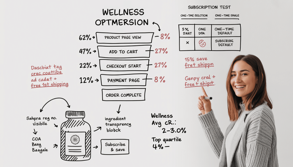 CRO for wellness brands South Africa — whiteboard view of wellness ecommerce conversion funnel with annotated drop-off points, subscription opt-in test variants, and SAHPRA trust signal placement diagram in marker