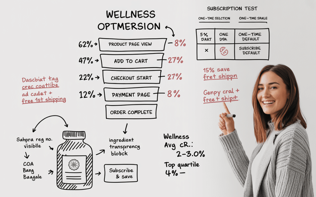 CRO for wellness brands South Africa — whiteboard view of wellness ecommerce conversion funnel with annotated drop-off points, subscription opt-in test variants, and SAHPRA trust signal placement diagram in marker