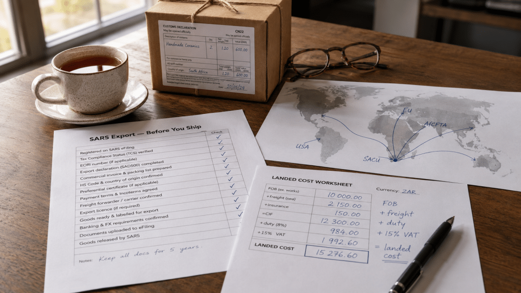 Cross border ecommerce south africa workspace with a printed SARS export checklist, a world map marked with shipping lanes from a SA port, and a landed-cost worksheet in Rands