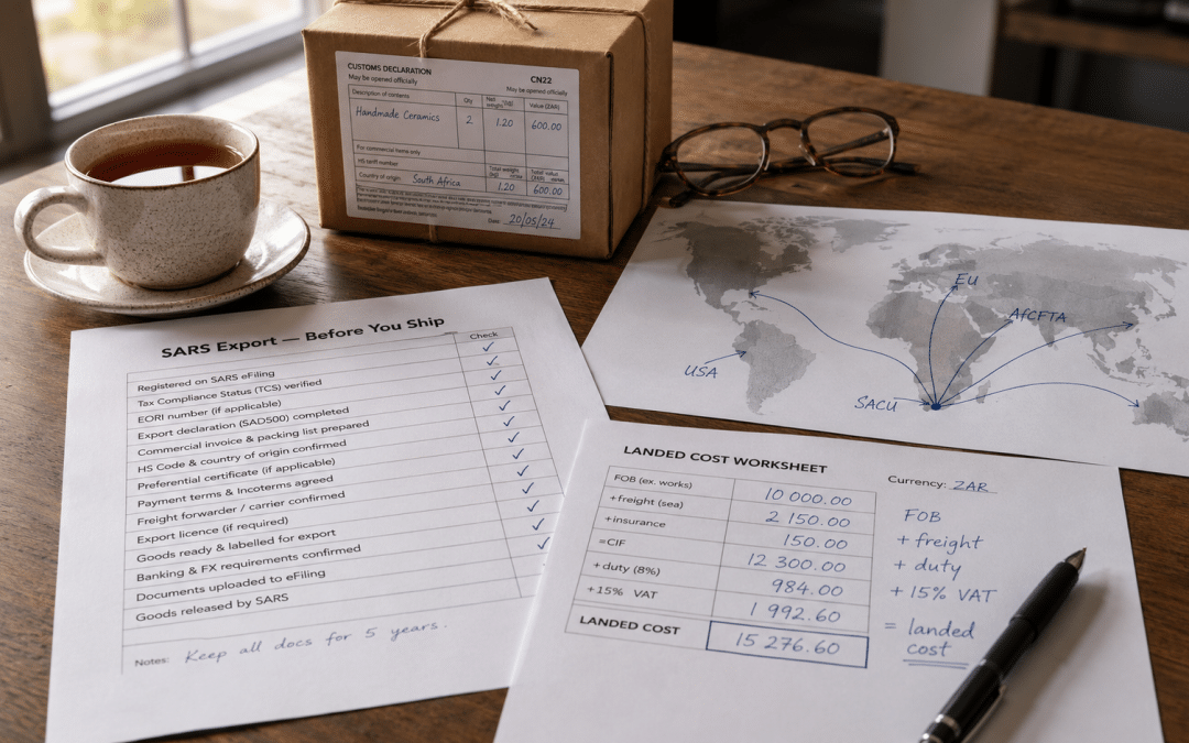 Cross border ecommerce south africa workspace with a printed SARS export checklist, a world map marked with shipping lanes from a SA port, and a landed-cost worksheet in Rands