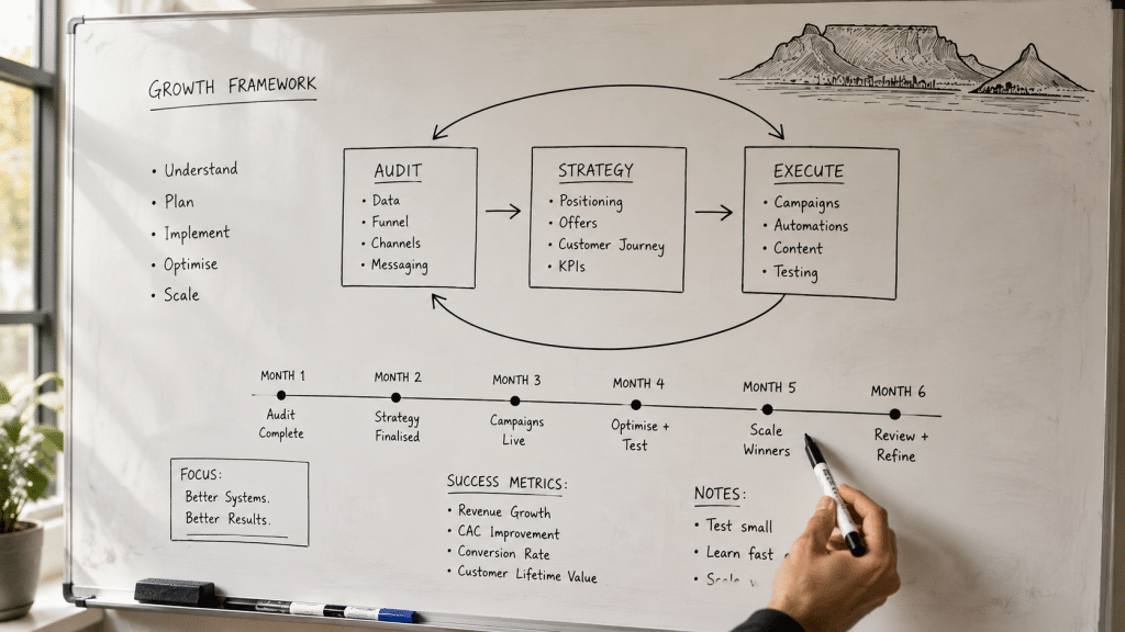 Digital marketing agency Cape Town — whiteboard sketch of CT business growth strategy framework with Table Mountain skyline icon