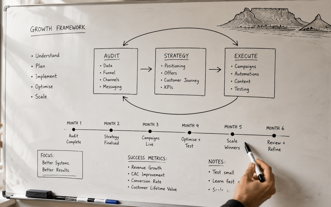 Digital marketing agency Cape Town — whiteboard sketch of CT business growth strategy framework with Table Mountain skyline icon