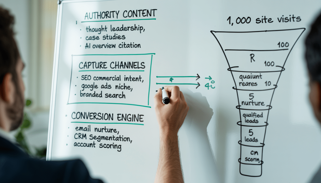Digital strategy for professional services — whiteboard sketch showing channel hierarchy with content marketing at top, SEO and Google Ads in middle layer, and email/CRM at base, with hand drawing connection lines between layers