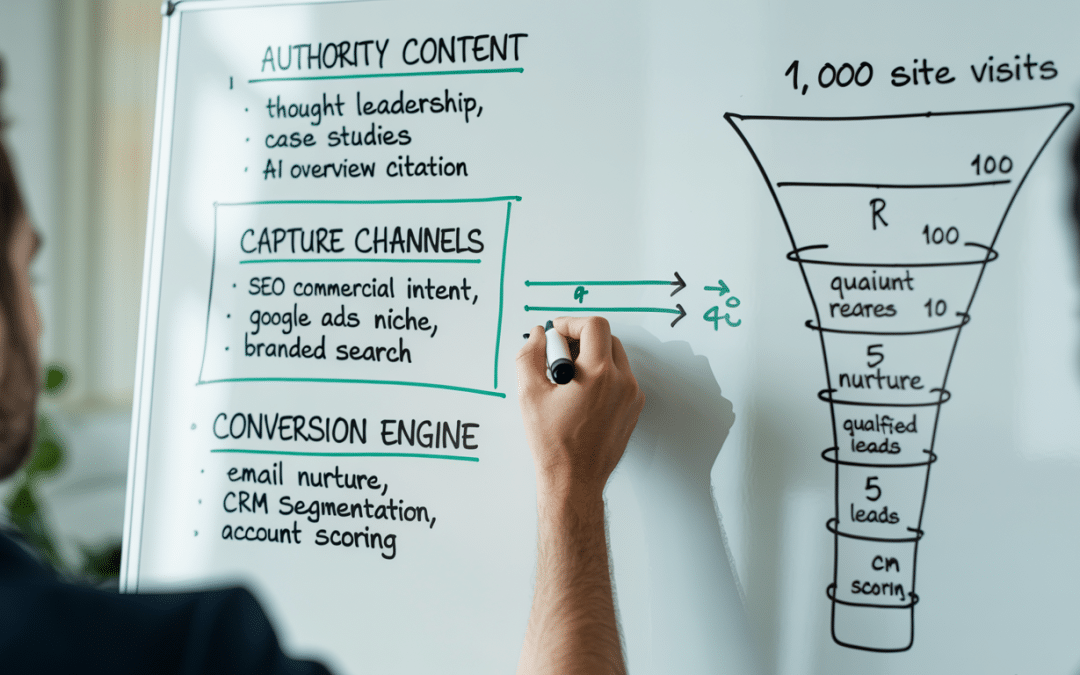 Digital strategy for professional services — whiteboard sketch showing channel hierarchy with content marketing at top, SEO and Google Ads in middle layer, and email/CRM at base, with hand drawing connection lines between layers