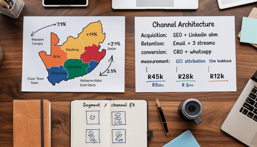 Digital strategy for real estate South Africa — flat-lay desk view of strategic planning materials including provincial property heat map, channel architecture diagram, and SA Rand budget allocation worksheet