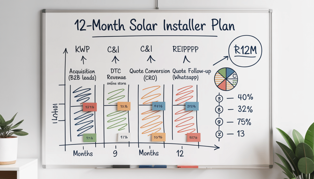 Digital strategy for solar installer planned on a whiteboard with 12-month timeline, channel allocation arrows, and budget split between lead generation, conversion, and retention