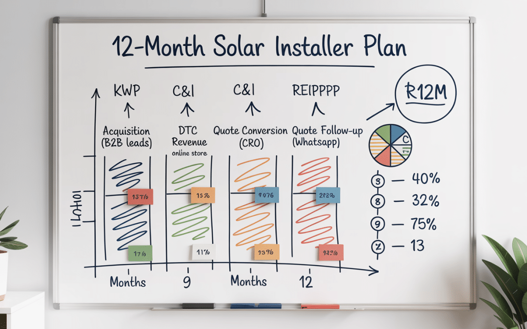 Digital strategy for solar installer planned on a whiteboard with 12-month timeline, channel allocation arrows, and budget split between lead generation, conversion, and retention