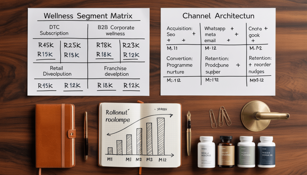 Digital strategy for wellness shown on a whiteboard with multi-segment revenue plan for DTC, B2B, retail, and franchise wellness brands in South Africa