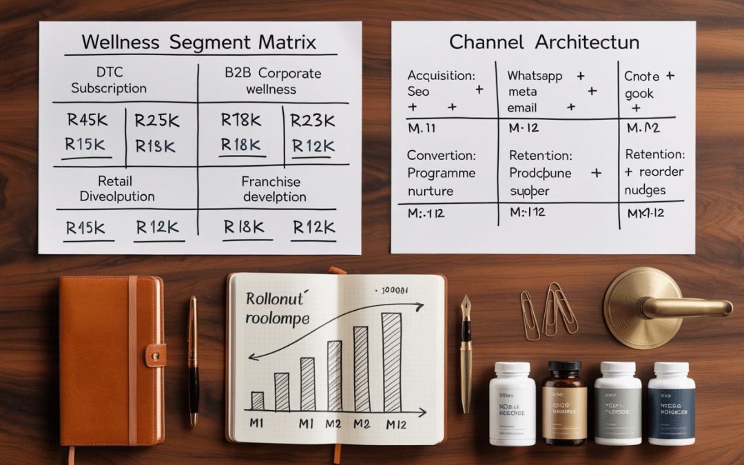 Digital strategy for wellness South Africa — flat-lay desk view of strategic planning materials including wellness segment matrix, channel architecture diagram, and SA Rand budget allocation worksheet with supplement bottles and wellness brand collateral