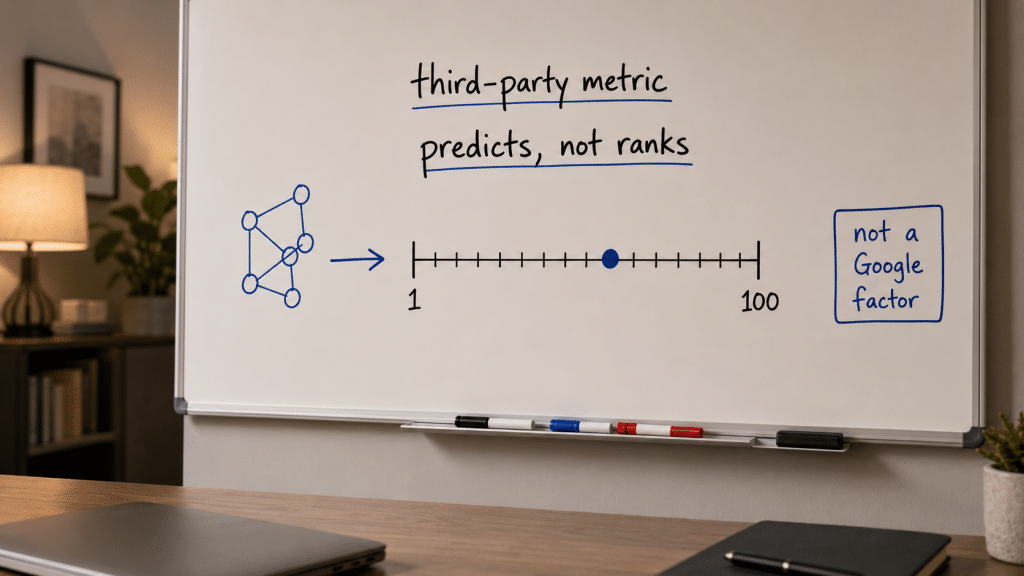 Domain authority south africa explained on a whiteboard showing a 1-to-100 scale, a third-party-tool label, and a note that Google does not use it