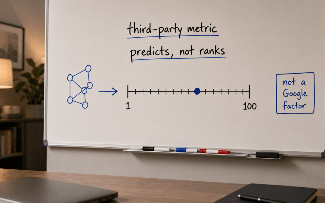 Domain authority south africa explained on a whiteboard showing a 1-to-100 scale, a third-party-tool label, and a note that Google does not use it