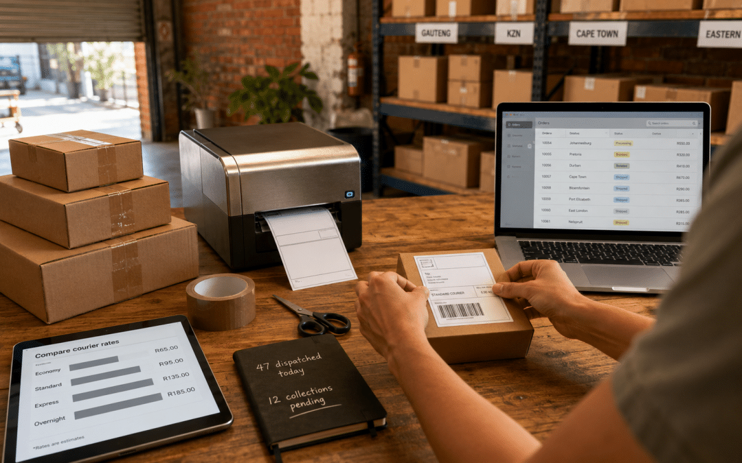 Ecommerce fulfilment south africa packing station with hands applying generic shipping labels to brown corrugated parcels of varying sizes, a thermal label printer in operation, and a tablet showing a courier rate comparison layout in editorial perspective