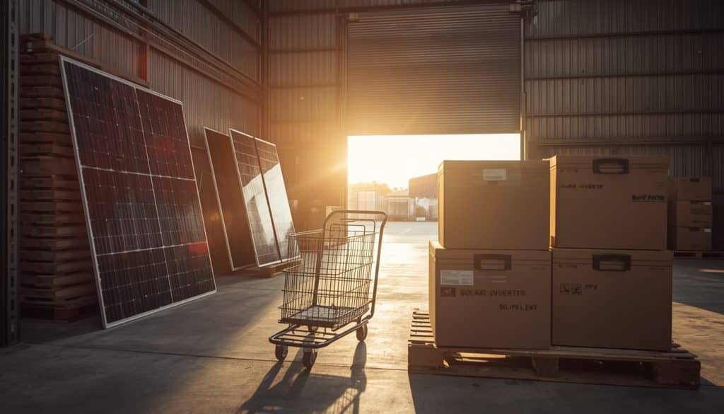 Ecommerce marketing for solar — SA warehouse with PV panels, inverters, and battery boxes ready for online order fulfilment