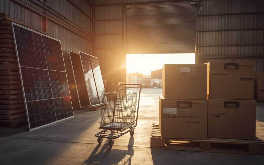 Ecommerce marketing for solar — SA warehouse with PV panels, inverters, and battery boxes ready for online order fulfilment