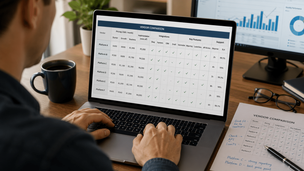 Ecommerce marketing tools South Africa — over-the-shoulder view of laptop dashboard showing platform comparison and Rand pricing tiers