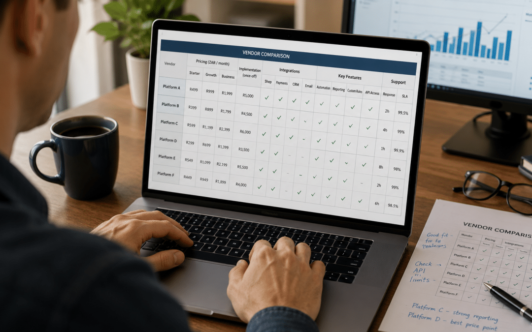 Ecommerce marketing tools South Africa — over-the-shoulder view of laptop dashboard showing platform comparison and Rand pricing tiers