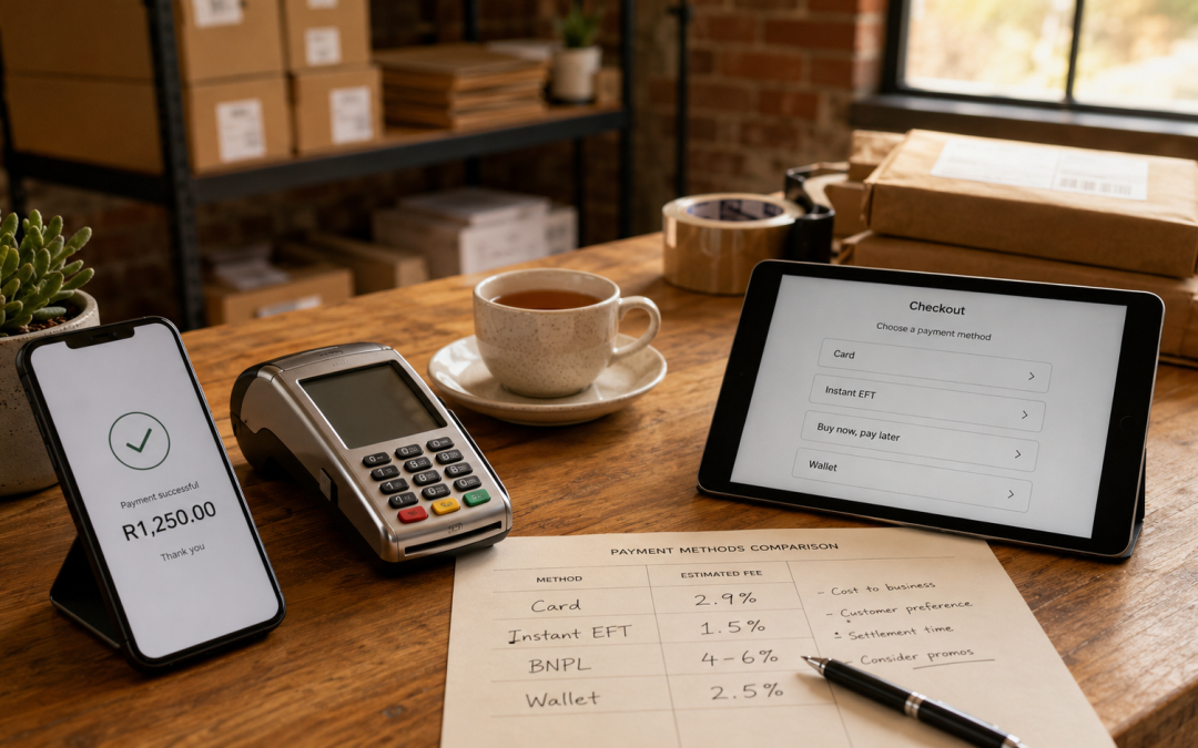 Ecommerce payment methods south africa checkout environment with a smartphone showing a generic mobile payment confirmation screen, a card machine on a counter, printed payment method comparison sheet with Rand-priced transaction fee annotations, and a tablet displaying a checkout page mockup in a small SA retail setting