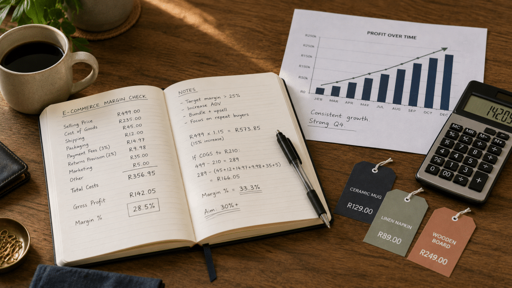 Ecommerce pricing strategy South Africa — desk scene with margin calculations, Rand price tags and a profit chart