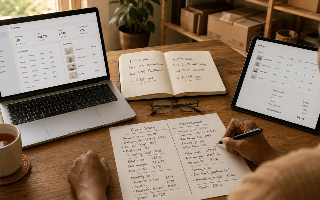 Ecommerce vs marketplace south africa decision comparison with hands at a desk weighing a printed two-column sheet headed own store and marketplace, a laptop showing a generic store dashboard, a tablet showing a generic marketplace seller portal layout, and handwritten Rand margin calculations in a notebook