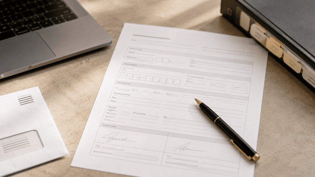 Email marketing compliance south africa documents desk scene with a laptop edge a consent form and a tabbed compliance binder