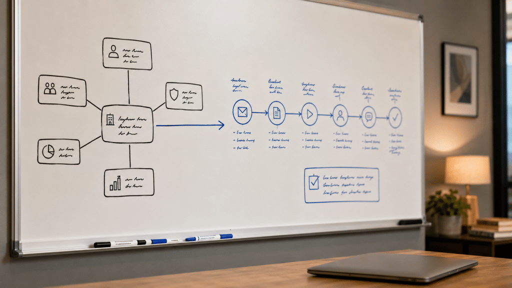 Email marketing for b2b south africa mapped on a whiteboard showing a multi-stakeholder buying committee and a long nurture sequence