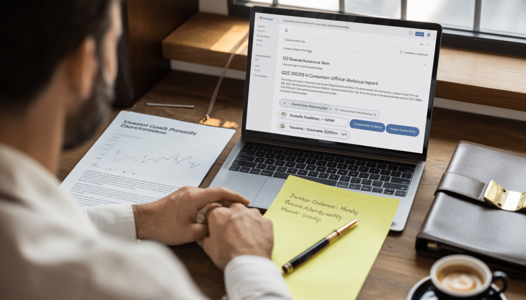 Email marketing for real estate South Africa — over-the-shoulder view of laptop screen showing property newsletter draft with segmented investor list visible alongside printed market report