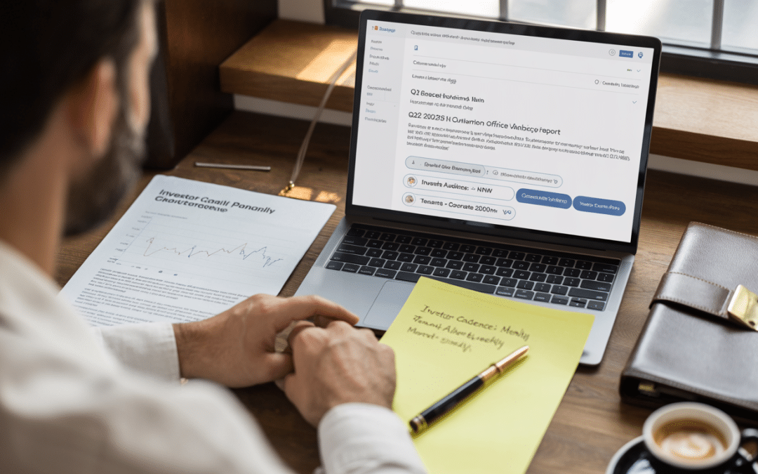 Email marketing for real estate South Africa — over-the-shoulder view of laptop screen showing property newsletter draft with segmented investor list visible alongside printed market report