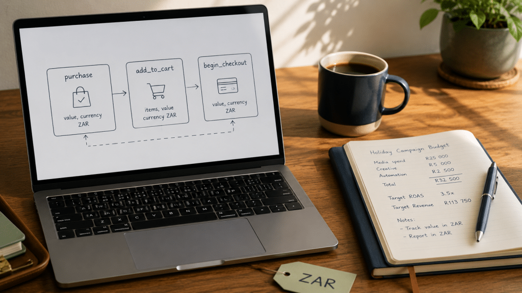 GA4 ecommerce tracking South Africa — laptop screen with a clean event-name diagram and a notebook listing purchase, add_to_cart and begin_checkout configuration