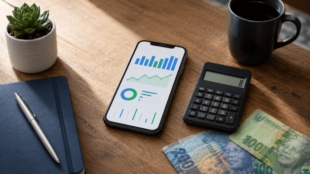 Google ads budget south africa — smartphone showing Google Ads dashboard on wooden desk beside calculator with Rand notes
