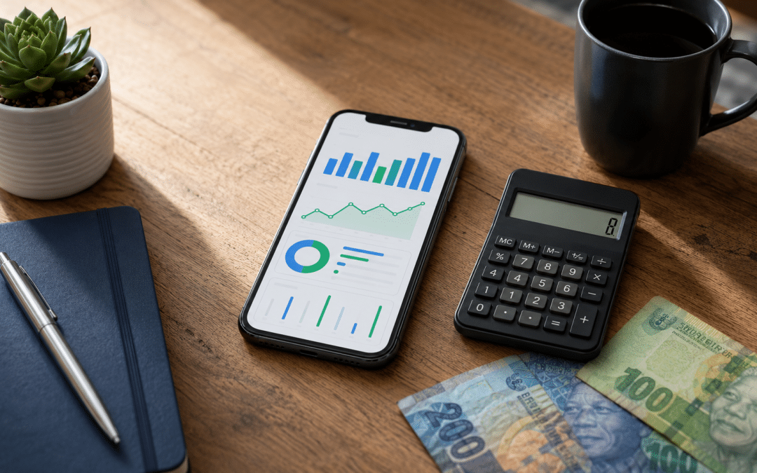 Google ads budget south africa — smartphone showing Google Ads dashboard on wooden desk beside calculator with Rand notes