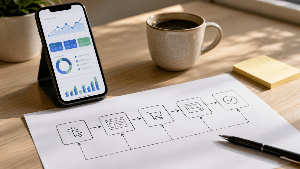 Google ads conversion tracking south africa setup scene with a smartphone showing an abstract ads metrics view beside a printed attribution flow diagram