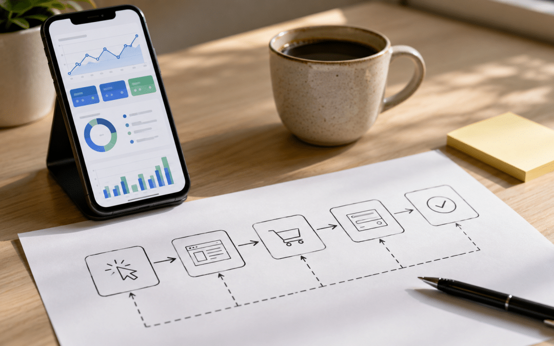 Google ads conversion tracking south africa setup scene with a smartphone showing an abstract ads metrics view beside a printed attribution flow diagram
