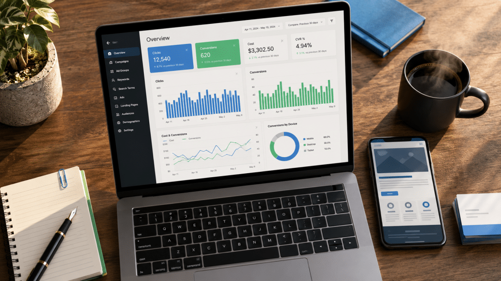 Google Ads landing page conversion analytics dashboard on laptop showing CVR metrics