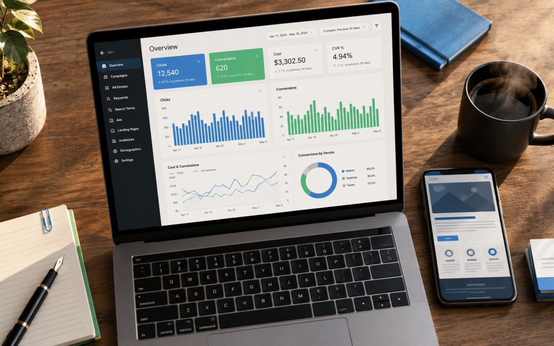 Google Ads landing page conversion analytics dashboard on laptop showing CVR metrics
