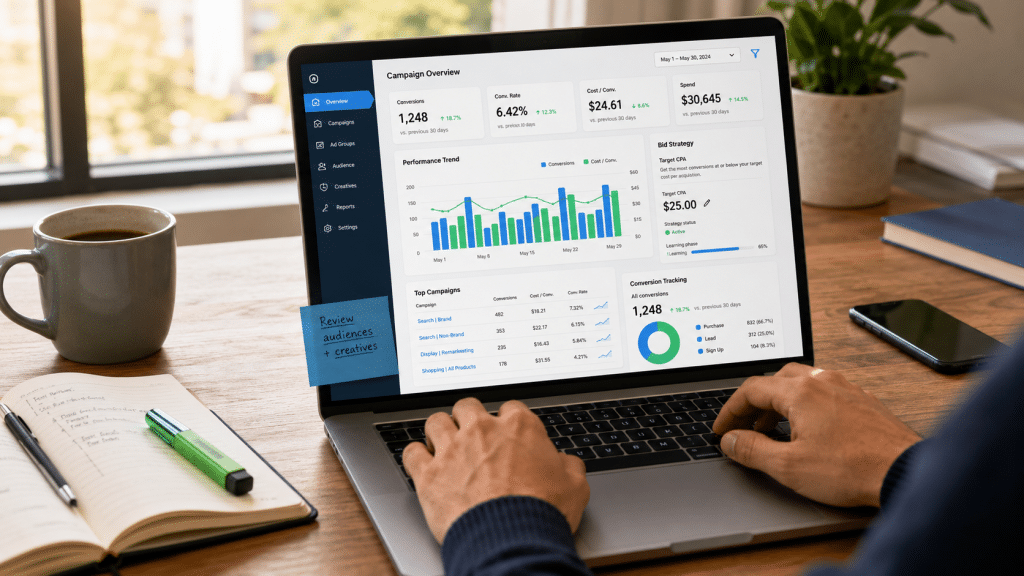 Google Ads Smart Bidding campaign dashboard reviewed by digital marketer over laptop