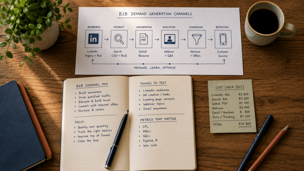 How to generate B2B leads online South Africa — flat-lay desk with channel sketches, notebook, and conversion funnel diagram